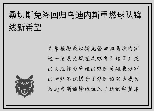 桑切斯免签回归乌迪内斯重燃球队锋线新希望