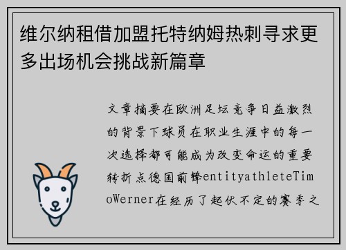 维尔纳租借加盟托特纳姆热刺寻求更多出场机会挑战新篇章