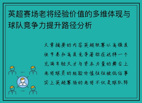 英超赛场老将经验价值的多维体现与球队竞争力提升路径分析 英超赛场老将经验价值的多维体现与球队竞争力提升路径分析